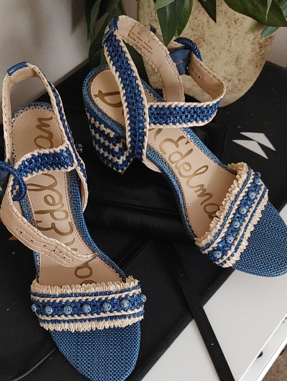 Sam Edelman Navy Blue and Beige Braided Block Heel Sandals